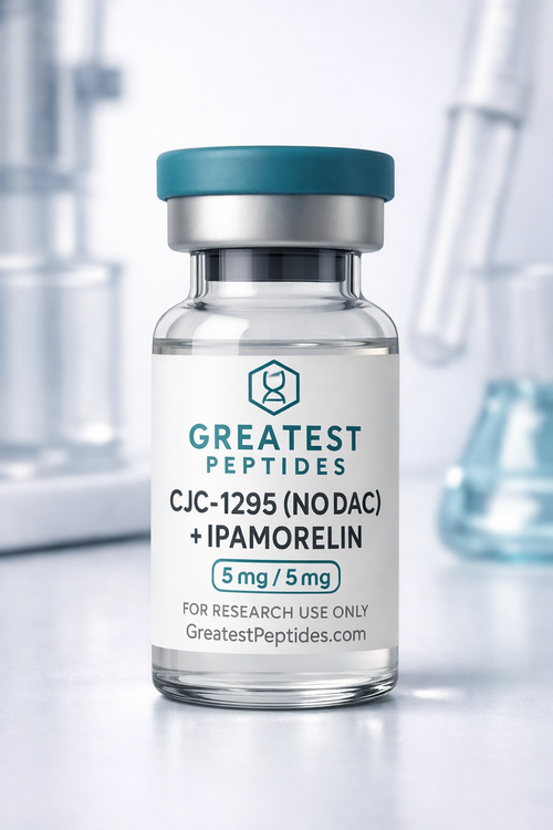 CJC-1295 no DAC and Ipamorelin research peptide vial by Greatest Peptides for research use