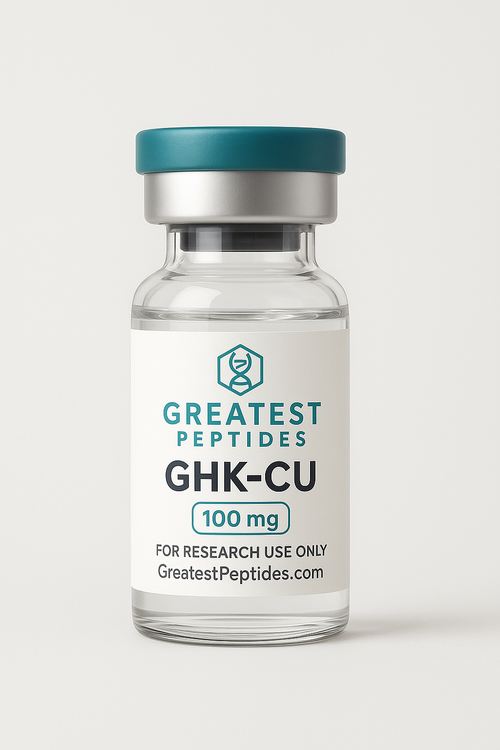 GHK-CU 100 mg research peptide vial by Greatest Peptides displayed in a laboratory setting