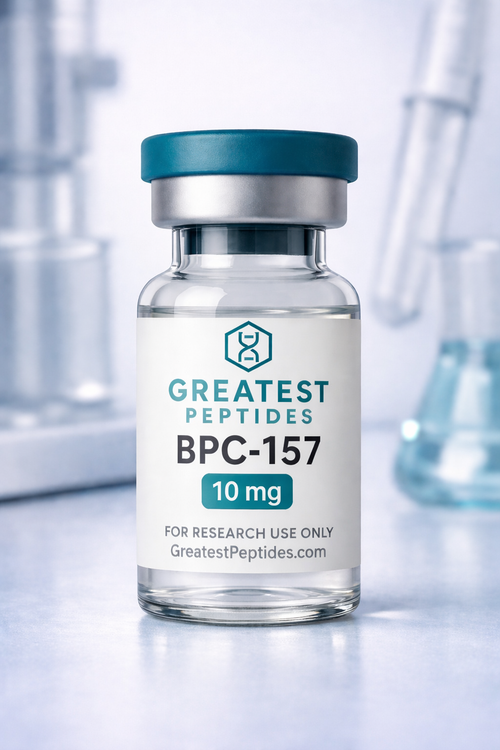 Vial labeled 'Greatest Peptides BPC-157' on a light gray background 10 MG