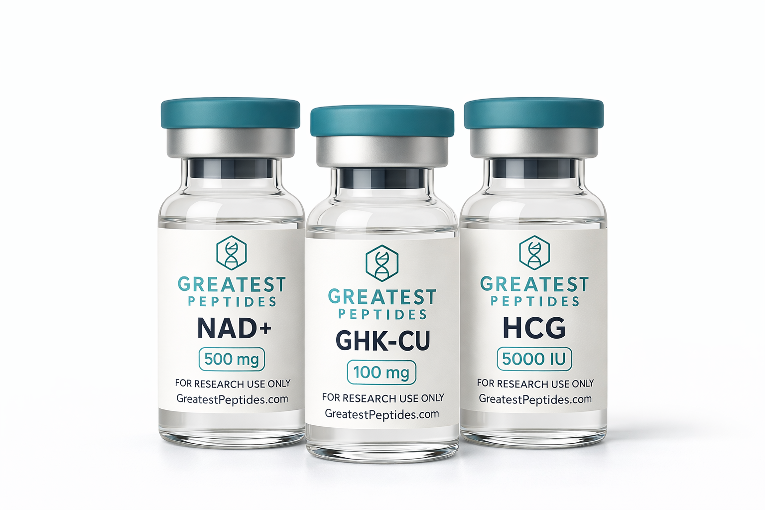 Three vials labeled 'Greatest Peptides' with different peptide names and dosages on a white background.