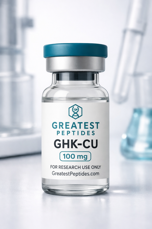Vial labeled 'Greatest Peptides GHK-CU 100 mg' on a blurred laboratory background