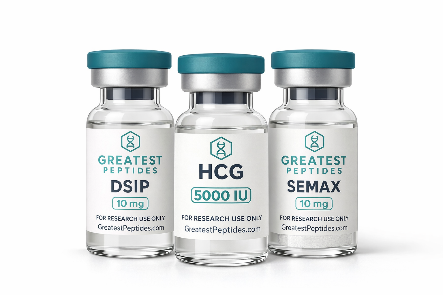 Three vials labeled DSIP, HCG, and SEMAX from Greatest Peptides on a white background