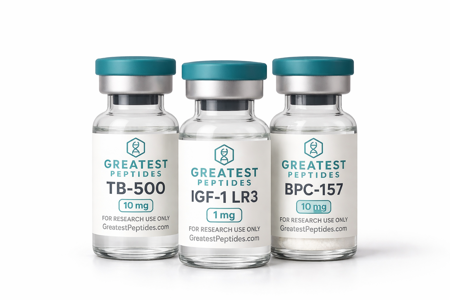 Three vials labeled TB-500, IGF-1 LR3, and BPC-157 from Greatest Peptides on a white background.
