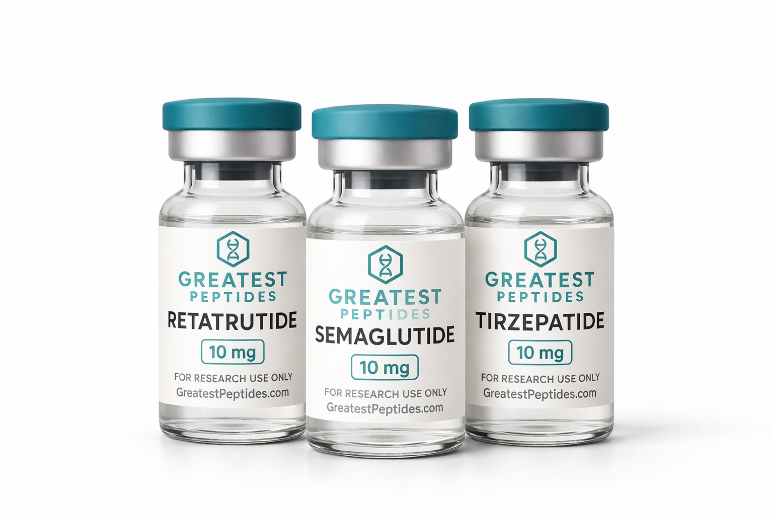 Three vials of Greatest Peptides with labels for Retatrutide, Semaglutide, and Tirzepatide on a white background.