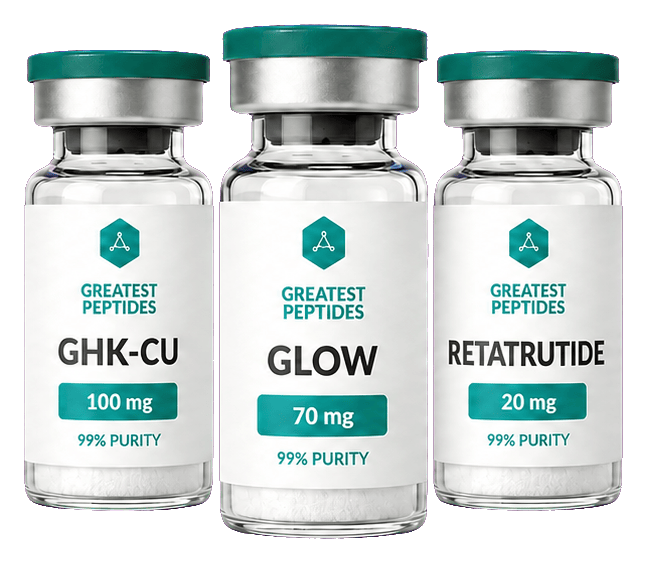 Three vials of Greatest Peptides research peptides